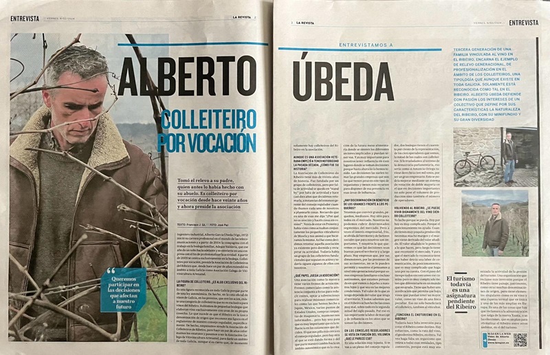 entrevista en papel de la región de ourense sobre la figura del colleiteiro y la labor de la asociación de viticultura artesanal de galicia a Alberto Úbeda